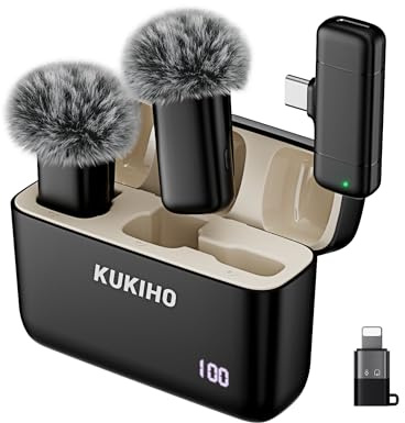 KUKIHO Kabelloses Lavalier Mikrofon für iPhone, Mini Mikrofon für Handy mit DSP-Chip Ansteckmikrofon (2 Sender) für Type-C & Lightning, Ladebox mit Akkuanzeige für Vlogging/YouTube/Social Media