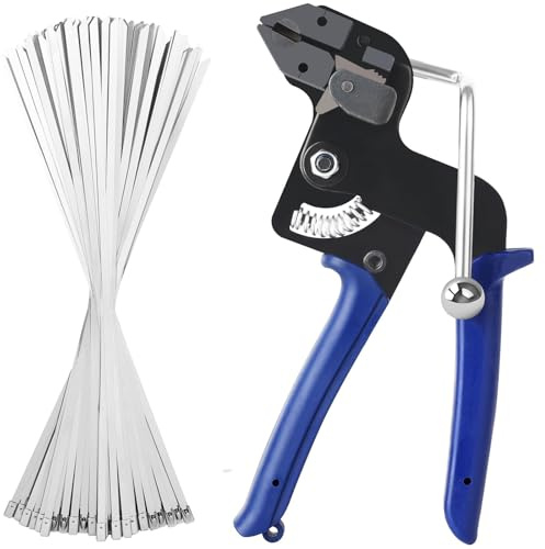100 Pezzi di Pinza per Fascette Metalliche Autobloccante con Fascette Stringitubo in Acciaio Inox, Pistola per Fascette in Metallo per Tensionare e Tagliare le Fascette, Adatta per Cavi e Tubi