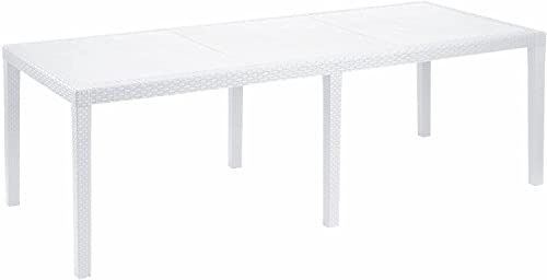Dmora - Tavolo da esterno Roma, Ripiano rettangolare allungabile da pranzo, Tavolo da giardino estensibile effetto rattan, 100% Made in Italy, 150/220x90h72 cm, Bianco
