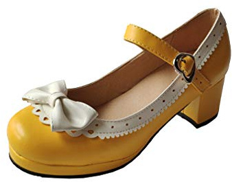 Elfy Mary Jane Chaussures de cosplay pour femme Motif nœud et talon épais, Jaune (jaune), 40 EU