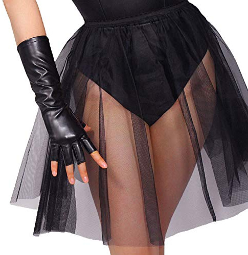 DooWay Black Leather Fingerless Gloves Women Faux Lambskin Leather 11 Half Finger Gloves for Motorcycle Driving Punk Cosplay