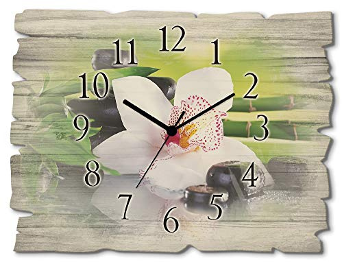 ARTLAND Wanddeko Wanduhr ohne Tickgeräusche aus Holz Funkuhr 40x30 cm Rechteckig Lautlos Orchidee Zen Pflanze Spa Steine Bambus Asiatisch T9IQ
