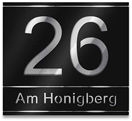 Metzler Hausnummernschild Edelstahl, individuelle Hausnummer in Tiefschwarz mit ausgelaserter Hausnummer und Straßenname. Rostfrei, 3D-Effekt, inkl. Beschriftung, Made in Germany, Größe: 38 x 33,7 cm