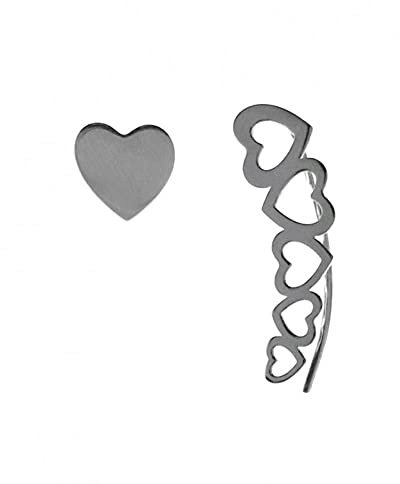 Minoplata Pendientes asimétricos trepador corazones de Plata de ley 925 una joya del amor para lucir increíble