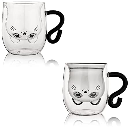 DONGSHANGIFT 2er-Set süße Katzentassen,Süße Katze Teetasse,250ml doppelwandiges Glas,Katzenbecher mit Henkel,Bierbecher, süße Geburtstagsgeschenke für Frauen und Männer (2er-Pack, Schwarz+Weiß)