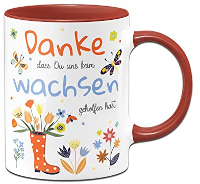 Tassenbrennerei Tasse mit Spruch Danke dass Du uns beim wachsen geholfen hast - Geschenk, Abschiedsgeschenk für Erzieher, Erzieherin zum Abschied (Rot)