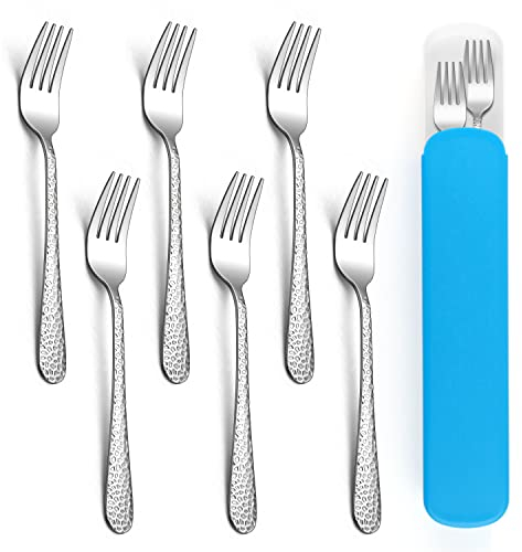 Juego de tenedores para niños, Herogo 7 piezas cubiertos para niños de acero inoxidable con estuche azul, mango martillado, tenedores para niños, vajilla infantil para jardín de infantes, escuela