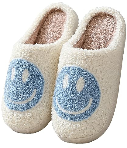 Meik Mangni Hausschuhe mit Fröhliches Gesicht Damen Herren Weicher Plüsch Hausschuhe Frauen Warme Pantoffeln,Blau Gr.38-39EU/Sohlengröße 40-41