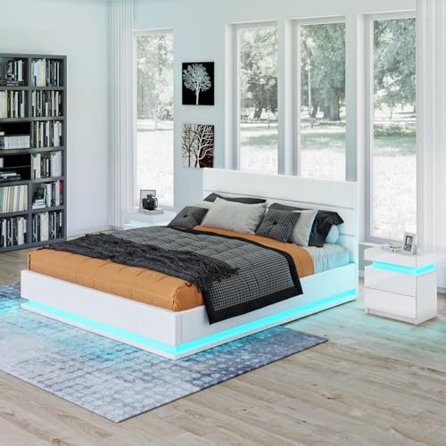 Ottoman Lift Storage Bed with LED Light, 4FT Small Double Size Bed Frame, Faux Leather Upholstered Bed Frame with Gas Lift Up Storage, for Bedroom Furniture, White