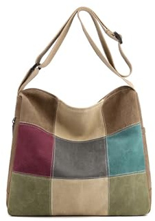 CORIOS Bolso de Hombro de Lona para Mujer Empalme Multicolor Bolso Bandolera Gran Capacidad Bolsa Shopper Ligero Bolso de Mano Bolsa de Ocio para Viajes, Trabajo, Citas y Compras Tote Café