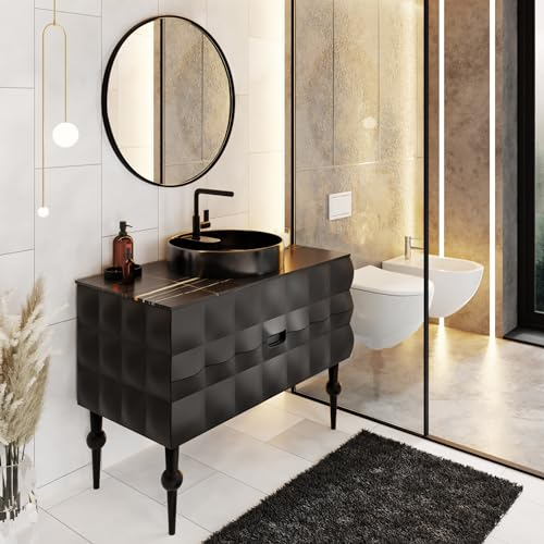 Badezimmermöbel Set Onyx Schwarz 100 cm | Konsole | Keramikwaschbecken | Unterschrank | Spiegel mit LED-Beleuchtung | Softclose-Schubladen | schwarzer Marmoroptik | Badmöbel Komplettprogramme