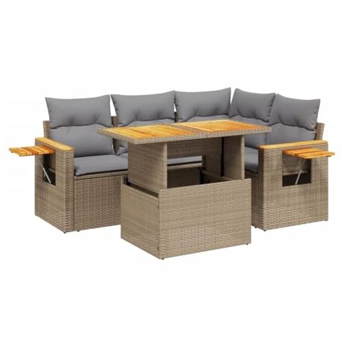 vidaXL Garten Sofagarnitur mit Kissen 5-TLG., Gartenmöbel Gartengarnitur, Sitzgruppe Sitzgarnitur, Lounge Sofa Garnitur Terrasse, Beige Poly Rattan