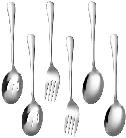 MEETOZ Serving Spoons Set, 2 x Serving Spoon, 2 x Slotted Spoons, 2 x Forks, Large Stainless Steel Skimmer 6 Pieces Soup Spoons Set Can Banquet Cooking for Parties Restaurant
