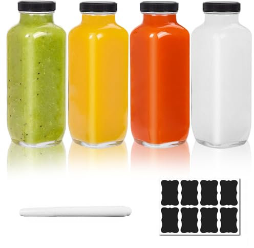 ZhouZGlass 4 pcs Juice Bottles, Clear Glass Jars with Lids, Reusable Square Beverages Drinking Jars with Tamper-Proof Black Caps for Travel Milk Water Tea Kombucha Smoothie Boba (500ML)