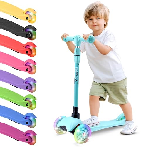 Hurtle Mini Kickboard Scooter für Kinder - Höhenverstellbar 63,5 cm - 71,1 cm, Leichter 3-Rad Roller mit LED Leuchträdern, rutschfest, für Kinder von 2-5 Jahren (Türkisblau)
