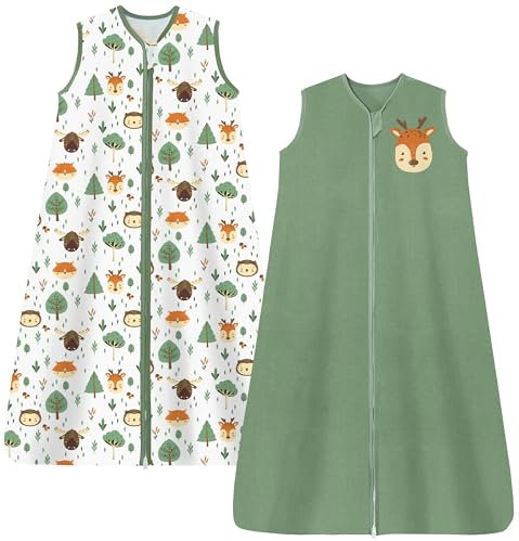 Chilsuessy 2er Pack Sommerschlafsack Baby Schlafsack Kleine Kinder Schlafanzug ohne Ärmel für Sommer und Frühling 100% Baumwolle, Grün + Wald, 90/Baby Höhe 90-105cm