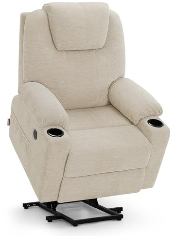 M MCombo Fernsehsessel mit Aufstehhilfe Elektrisch, Relaxsessel mit Liegefunktion bis 140°, Sessel mit Aufstehhilfe, mit Massage & Heizung, Knopf & Fernbedienung Verstellbar, 7040 (Stoff, Beige)