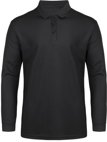 AMZSPORT Mens Polo Shirt Breathable Long Sleeve Shirt Golf Casual Sport Top with 3 Button for Work and Outdoor,Black L