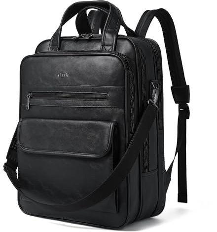 Shrrie Mochila para laptop para mujer y hombre, mochila de cuero vegano de 15,6 pulgadas para trabajo, negocios, universidad, viajes y oficina, Negro Bicolor