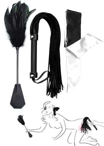 Sex Whip BDSM Flogger for Spanking, Sex Blindfold Satin Eye Mask for Women 59, Feather Sex Tickler Adult Crop - 3pcs Set for Bedroom Play