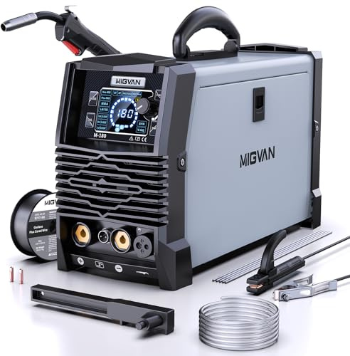 MIGVAN Saldatrice MIG/MAG 180A IGBT Inverter a gas di protezione – 5 in 1 Flux, CO₂/MAG, MMA, Lift-TIG, Spoolgun, 230 V, 60% ED, leggera e portatile, con sinergia 2T/4T per saldatura fai da te e