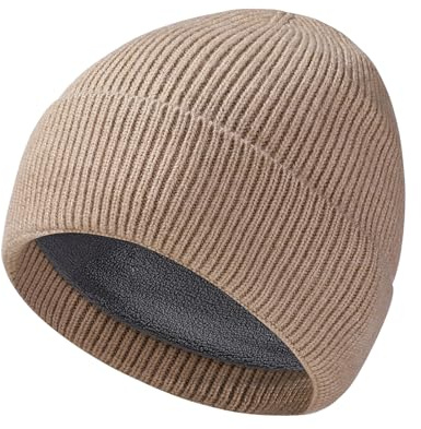 Vintermössa för män kvinnor fleecefodrad mjuk varm stickad mössa skidstrumpa manschett keps tjock snö manschett traktörhattar, Ljus khaki, one size