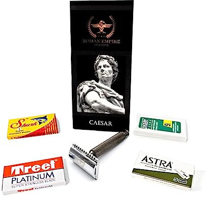 Rasoio di Sicurezza a Doppio Filo Caesar Gun Metal di Roman Empire Shaving | Rasoio Classico | Safety Razor | Rasoio in Acciaio con Set di 20 Lamette da Barba (Astra-Derby-Shark-Treet)