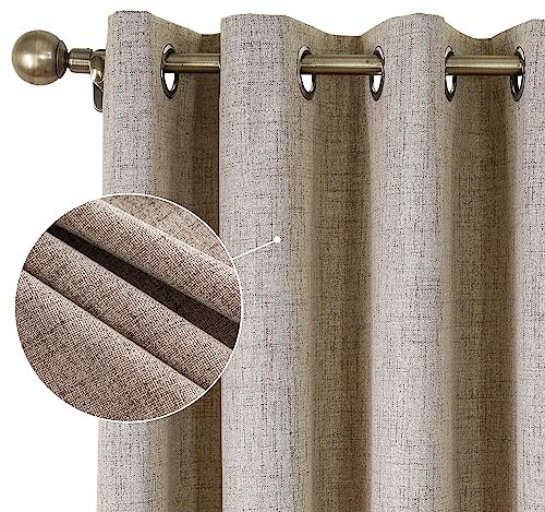 CUCRAF 100% Blackout Curtains Linen Thermal Curtains 54 Inch Drop 2 Panels Soft Texture Energy Saving Sun Blocking Eyelet Curtains for Bedroom Living Room 46 X 54 Inch