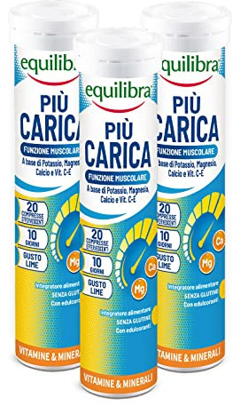 Equilibra Integratori Alimentari, Più Carica, Integratore per la Normale Funzione Muscolare, con Potassio, Magnesio, Calcio, Vitamina C e Vitamina E, Gusto Lime, 3 pezzi da 20 Compresse Effervescenti