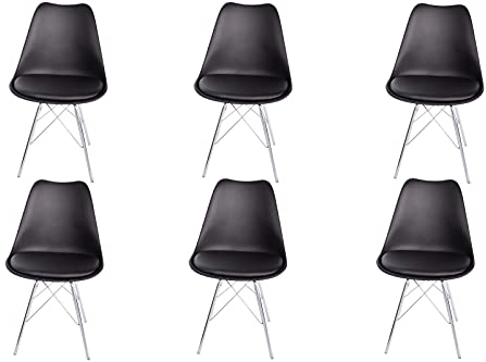 SAM 6er Set Schalenstuhl Lerche, Sitzschale schwarz, integriertes Kunstleder-Sitzkissen, Stuhl mit Gestell aus Chrom, Esszimmerstuhl im skandinavischen Stil