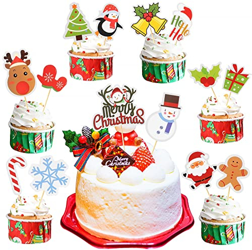 KEELYY Noël Cupcake Topper 30 Pcs Decoration Gateau Noel Santa Deer Tree Cloches Joyeux Noël Drap Cure-Dents, pour Décorer Dessert Gâteau De Noël Fête