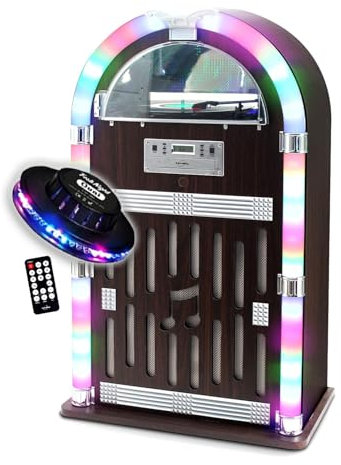 gef-roy Chaîne HiFi Jukebox Retro 60W avec Tourne Disque Vinyle Bluetooth, CD, FM + télécommande, Jeu de lumière OVNI LED