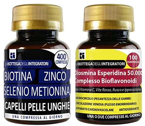Set di integratori capelli pelle unghie + antiossidante | biotina zinco seleniometionina 400 compresse + diosmina esperidina bioflavonoidi 100 compresse | senza glutine