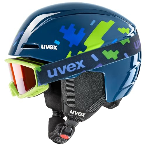 uvex Viti Set, Casco e Maschera da Sci Unisex Bambino, Blue Puzzle, 46-50 cm