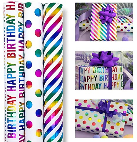 ZYOOO 3 Rouleaux (43cm X 3m par Rouleau) de Rouleau Papier Cadeau Anniversaire Coloré pour l'emballage de cadeaux