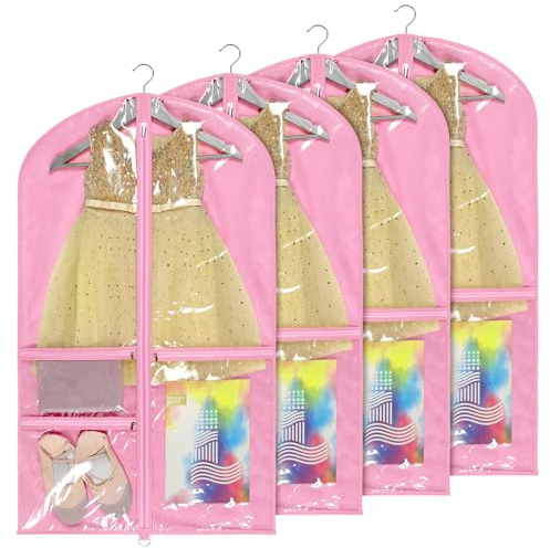 Univivi Dance Costume Bags Garment Bag 40 Inch Hanging Clothes for Dance Competitions, with 3 Medium Clear Zipper Pockets for Dance Costumes, Closet Storage (Pink) - 4 Pack