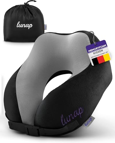 lunap Reisekissen Flugzeug | Nackenkissen Memory Foam atmungsaktiv + waschbar | Nackenhörnchen Erwachsene | Nackenkissen Flugzeug, Auto | Travel Pillow Neck SCHWARZ | Flugzeug Reise Flugzeug