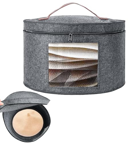 Rierousy Portaoggetti per Cappelliera Rotonda Grigio- Porta Cappelli per Pieghevole Tessuto con Coperchio e Zip, Manico in Pelle, Finestra Trasparente, Scatola per Cappelli- 42 x 25 cm