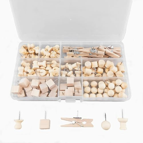 135 Stück Reißzwecken aus Holz, 6 Stile Reißnägel für Tafel Kork Reißzwecken für Holz