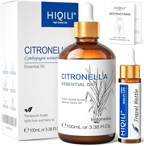 HIQILI 100ML Olio Essenziale di Citronella per Spray Fatti in Casa, da Aggiungere al Diffusore 100% Puro e Naturale Non Diluito