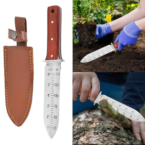 3-i-1 trädgårdskniv, rostfritt stål murslev trädgårdsverktyg, kraftig tandad handspade, handspade, växtspade för ogräsbekämpning och exakt glödlampsplantering