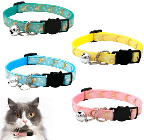ZWWOGE 4 Stück Katzenhalsband mit Sicherheitsverschluss, Reflektierende Katzen Halsbänder Verstellbares, Katzenhalsband mit Glocke, Mond und Stern Muster, Gelb, Seeblau, Mintgrün, Rosa
