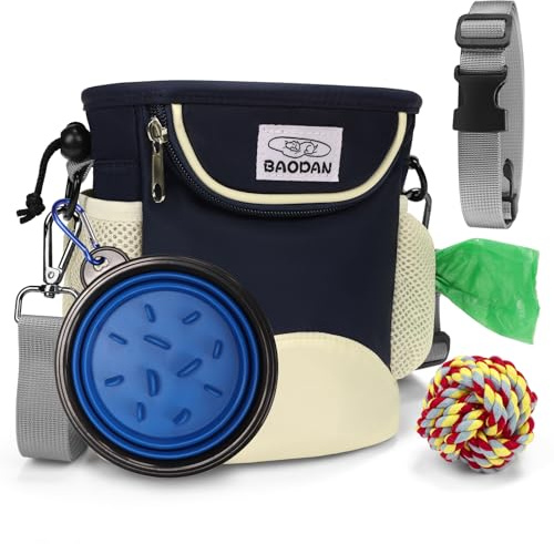 Baodan Dog Treat Pouch Bag for Dog Training, Dog Walking Bag with Poop Bag Holder, Collapsible Bowl & Dog Rope Toy, Dog Bag for Walking and Training
