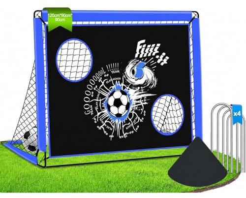 EXTFANS Porteria de Futbol para Niños, Plegable Porterias de Futbol, con Bolsa de Transporte y 4 Clavos Molidos, Ideal para Juegos Exterior (Azul, 120 x 90cm)