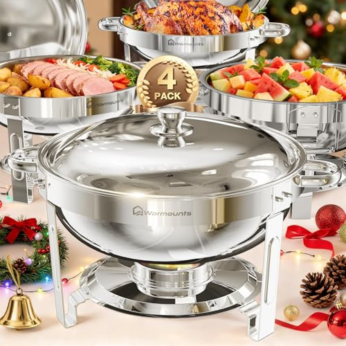 WARMOUNTS Round Chafing Dishes for Buffet (5QT, 4 Pack), Chafers and Buffet Warmers Sets with Mirror-Polished Stainless Steel, Rolled Rim, Stackable, Lid Holder for Parties, Catering, Weddings