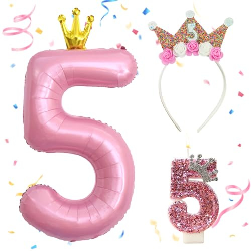 Palloncini Compleanno Corona Rosa 107 CM,Corona Compleanno Bambina 5 Anni,Candele di con Numeri 5,Palloncino Numero 5,Decorazioni Festa compleanno,Gonfiabili Pallone per Anniversario