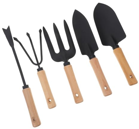 TOYZFRIENDY 5 pièces Outils de Jardinage Acier Au avec Manches Bois Pelles Larges et Étroites Râteau à Trois Dents Fourche à Aérer et Coupe-Racines Pratiques pour Plantation et Désherbage