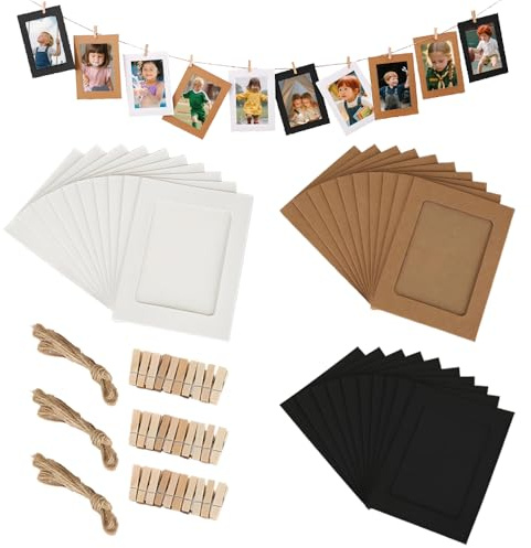 HUILATE Set di 30 cornici in carta da 11,5 x 15,5 cm, con 30 mollette di legno e corda di canapa, per foto con mollette in cartone, per casa, scuola e feste