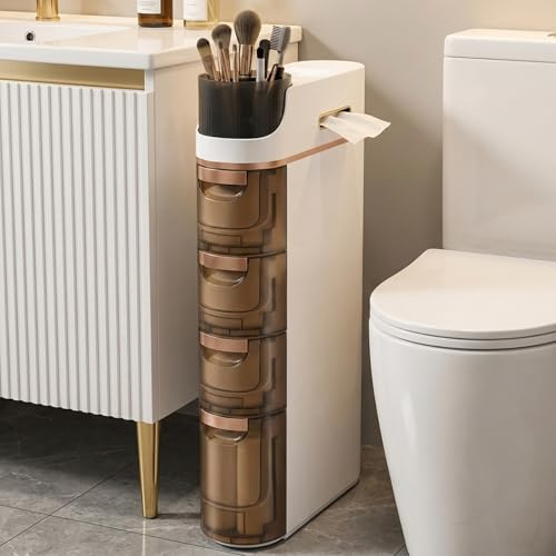 SanBouSi Armadio per nicchia sottile con ruote, 4 cassetti, in plastica impermeabile, per carta igienica e prodotti per la pulizia in bagno e WC