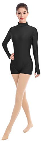 IMEKIS - Maillot de ballet de manga larga para mujer, de spandex, cuello alto, de ballet, monocromo, de una sola pieza, gimnasia, traje elástico, camiseta de baño, deporte, top de deporte Negro XL